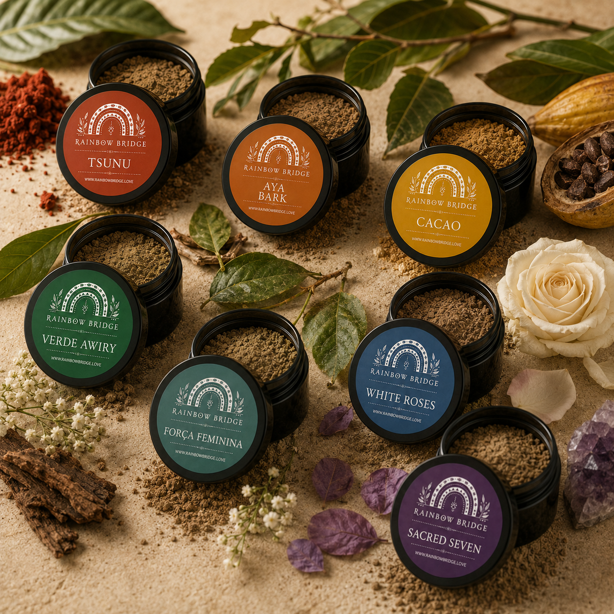 Rainbow Bridge Hapé blends in newly designed botanical packaging